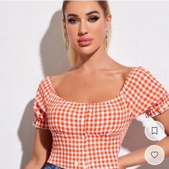 SHEIN Tops - Cropped Gingham Peasant Picnic Top